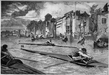 Compétition sportive : course de canoë (outrigger) sur la Tamise. Angleterre.