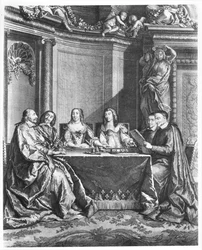 Saint Vincent de Paul (1581-1660) et le cardinal Jules Mazarin (1602-61) au Conseil de Conscience de Louis XIV (1638-1715) gravé par Gérard Scotin vers 1660