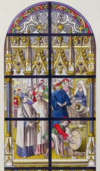 Vitrail de la cathédrale de Tournai illustrant les taxes sur la bière et le vin par les évêques de Tournai