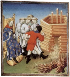 Les Templiers vont être exécutés sous le regard du roi de France Philippe IV le Bel en 1310, enluminure