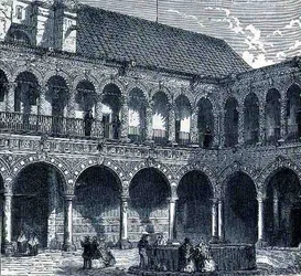 Le Cloître du Couvent de La Merced, Mexique, de The Ancient Cities of the New World, par Claude-Joseph-Désiré Charnay, pub. 1887