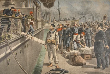 Les premiers prisonniers à Key West pendant la guerre hispano-américaine, illustration du Petit Journal : Supplément illustré, 8 mai 1898
