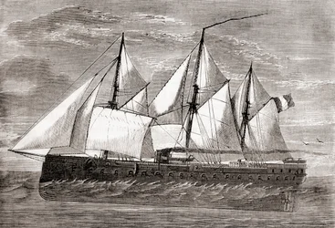 Le cuirassé français Gloire, le premier cuirassé océanique, lancé en 1859, extrait de Les Merveilles de la Science, publié vers 1870 (gravure)