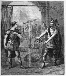 Le chef militaire gaulois Brennos (Brennus) vainc les Romains et proclame « Vae victis » (Malheur aux vaincus). Les Gaulois exigèrent une rançon après leur conquête de Rome - Brennus, chef de la tribu gauloise des Sénons, prononce le fatidique « Vae