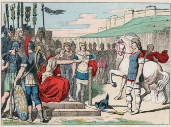 Le chef gaulois Vercingétorix (80-46 av. J.-C.) se rendant auprès de Jules César (100-44 av. J.-C.) à Alésia en 52 av. J.-C. - Vercingétorix (72-46 av. J.-C.), chef gaulois, se rendant à César à Alésia (France) - Gravure de la fin du XIXe siècle dans «Nos
