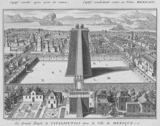 Le Grand Temple de Vitsliputsli à Mexico, illustration tirée de Cérémonies et coutumes religieuses, gravée par Bernard Picart, 1722