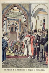 Le Président de la République française, Émile Loubet (1838-1929) visitant la Mosquée de Sidi Bou Medine, Tlemcen, Algérie, illustration du Petit Journal, 3 mai 1903