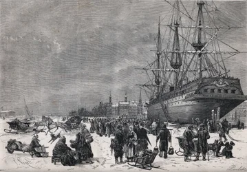 Le navire prussien le "Teutonia" dans le port de Hambourg en Allemagne. Des soldats français y étaient prisonniers pendant la guerre de 1870. Gravure dans "Le Monde Illustré" n°743 du 8 juillet 1871.