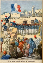 Le Drapeau français hissé à Tombouctou (Mali) de «Le Petit Journal», février 1894 (gravure) - Le drapeau français flotte à Tombouctou. Illustration pour Le Petit Journal