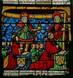 La fenêtre de Saint Louis : Les donateurs Henriette de Mauroy et Simon Liboron peuvent être vus avec leurs saints patrons Saint Henri et Simon de Cyrène