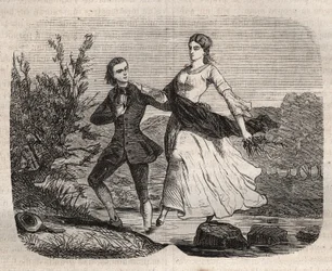 Le philosophe suisse Jean-Jacques Rousseau aidant Mademoiselle Galley à traverser un ruisseau. Gravure de 1871 dans "Histoire Des Cocus Célèbres" de Henry de Kock