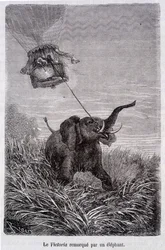 Le Victoria remorqué par un éléphant - dans « Cinq semaines en ballon », roman de Jules Verne