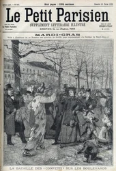 La bataille de confettis sur le boulevard parisien pendant Mardi Gras. Gravure dans "Le Petit Parisien"