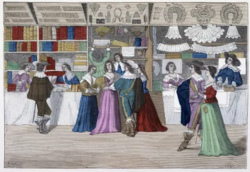 Les boutiques de la galerie du Palais de Justice sous Louis XIII - dans "Paris à travers les siècles"