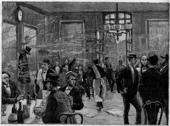 Les garçons de café dans un établissement de la rue Montmartre à Paris, dans "Le Monde Illustré" 1886.