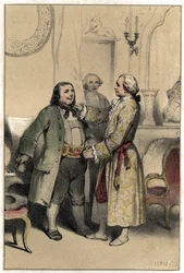Le compositeur Joseph Haydn reçoit un homme venu lui demander de composer un menuet pour le mariage de sa fille. Planche tirée de "Scènes de la vie des hommes célèbres" gravure en deux teintes par Valerio. 1843.