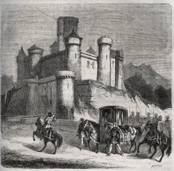Le cortège de Rigonde (Rigonthe) (vers 569-après 589) quitte Paris pour rejoindre son fiancé, le prince Recarede. Gravure de 1871 dans « Histoire Des Cocus Célèbres » par Henry de Kock (1819-1892).