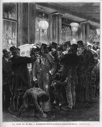 La crise du 16 mai 1877 : lecture des dernières nouvelles sur le boulevard des Italiens à Paris. Cette crise politique française est le résultat de la lettre de Mac Mahon critiquant l