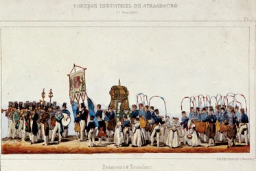 La danse des brasseurs et tonneliers lors du cortège industriel à Strasbourg le 25/06/1840. Lithographie de Simon