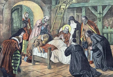 La mort de Saint François de Sales le 18 décembre 1622 à Lyon est entourée de fideles. "Le pelerin" du 31/12/1922 (impression)