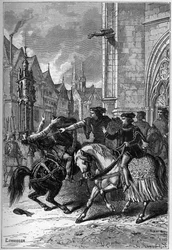 La mort de Wat Tyler à Smithfield, Londres, en 1381 pendant la révolte des paysans - Mort de Wat (ou Walter) Tyler, révolutionnaire anglais, à Smithfield, pendant la révolte des paysans, Londres