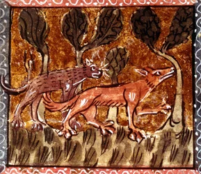 Le renard et le loup, enluminure tirée du manuscrit intitulé Roman de Renart, vers le XIIIe siècle