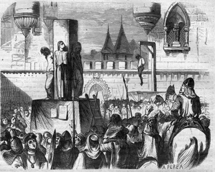 Les hérétiques pendus et brûlés sur le boucher par les prêtres de Gilbert de la Porrée, Bernard de Clairvaux et Abbé Suger, France