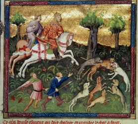 La chasse au chat sauvage. Miniature tirée du « Livre de la chasse » de Gaston III Phoebus, Comte de Foix, Seigneur de Béarn (1331-1391)