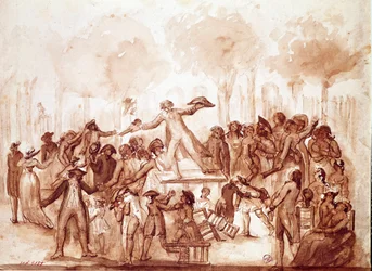 Le journaliste Camille Desmoulins (1760-1794) harangue les patriotes dans les jardins du Palais-Royal. Première scène de la Révolution française à Paris, le 12 juillet