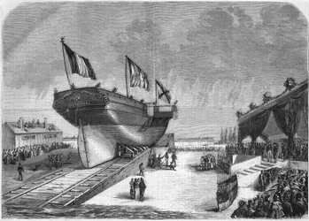 Le lancement du paquebot Quirinal à La Seyne en 1857 (Compagnie des Messageries Maritimes). Gravure de 1857.