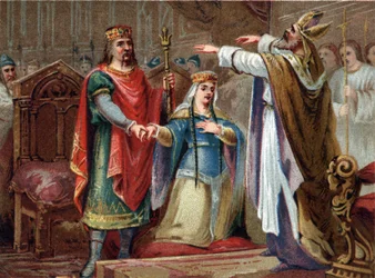 Le mariage de Clovis (481-511) roi des Francs avec Clotilde en 493. Chromolithographie de la fin du XIXe siècle.