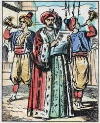 Le mariage de la fille du Sultan avec le fils du Grand Vizir est annoncé par un lecteur public. Gravure du conte des Mille et Une Nuits « Aladin et la Lampe Merveilleuse ». Imagerie d