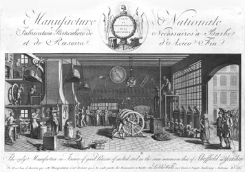 La seule manufacture en France de bons rasoirs en acier fondu de la même manière que celle de Sheffield en Angleterre, Yorkshire, fin du XVIIIe siècle