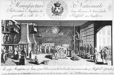 La seule manufacture en France de bons rasoirs en acier fondu de la même manière que celle de Sheffield en Angleterre, Yorkshire, fin du XVIIIe siècle