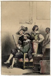 Le peintre Diego Velázquez (1599-1660) accueillant dans son atelier Pierre Paul Rubens (1577-1640). Planche tirée de « Scènes de la vie des hommes célèbres », gravure en deux teintes par Valerio. 1843.