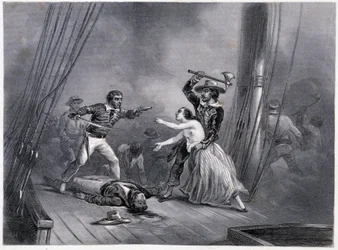 Le pirate Morgan enlève la belle Espagnole - dans « Histoire générale de la marine » par les frères E et V Penaud