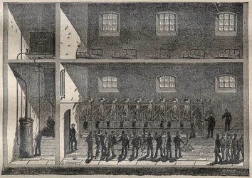 Les douches dans les prisons: les bains par aspersion à Fontevraud - Gravure dans « La Science française »