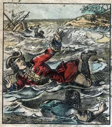 Le naufrage de Lemuel Gulliver. Illustration pour "Les Voyages de Gulliver" de Jonathan Swift (1667-1745). Imagerie d