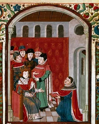 Le traducteur Jean de Meung (ou Clopinel ou Chopinel) (1240-1305) offre son œuvre au roi Philippe IV le Bel (1268-1314). Miniature tirée de « De Consolatione Philosophiae » par le philosophe latin Boèce (Boetius) (475-520), traduit par Jean de Meung