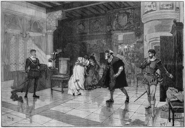 Représentation théâtrale : "Hernani" de Victor Hugo (1802-1885), acte I scène 3. Paris, Comédie Française