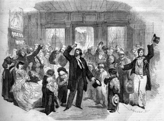 Représentation théâtrale de « La Pénélope Normande » (Acte I) par Alphonse Karr. Parmi les comédiens, Mme Alexis, Mme Doche, Lafontaine (Henry Lafontaine