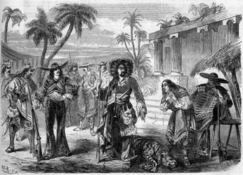 Représentation théâtrale de « Les Pirates de la Savane » (premier acte, troisième tableau) par Auguste Anicet Bourgeois (1806-1871) et Ferdinand Dugue. Paris, Théâtre de la Gaîté