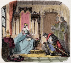 Thibault IV de Champagne (1201-1253) (également connu sous le nom de Thibault Ier de Navarre), se rend aux pieds de la reine Blanche de Castille pour l