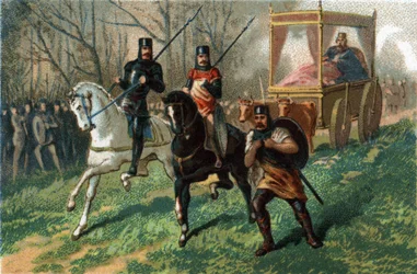 Thierry III dit le roi fainéant de 673 à 691 traverse Paris dans son carrosse tiré par des bœufs. Chromolithographie vers 1890.