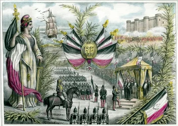 Troisième République : la république triomphante préside à la grande fête nationale du 14/07/1880 sur la Place de la Bastille. Le 14 juillet devient une fête nationale de la France et le drapeau tricolore est adopté. Gravure vers 1880 Collection privée