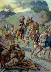 Théoderic, fils aîné de Clovis, chez les Arvernes (Auvergne) (532-533). Chromolithographie de la série "Éducation patriotique par l