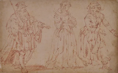 Trois personnages théâtraux : le roi Lear, Cordelia et la servante