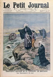 Lancer des couronnes dans la mer à la Toussaint en Bretagne, illustration de couverture du Petit Journal, 5 novembre 1911
