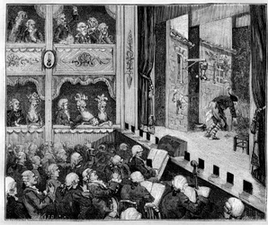 Toussaint-Gaspard Taconet, acteur comique (1730-1774) dans un spectacle de Jean-Baptiste Nicolet (1728-1796) - illustration dans « Paris à travers les siècles » par Kennouillac