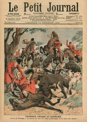 Tragique chasse au sanglier : le cheval de Carlos Ier, roi de Portugal, est tué sous lui, illustration de couverture du « Petit Journal », supplément illustré, 23 décembre 1906